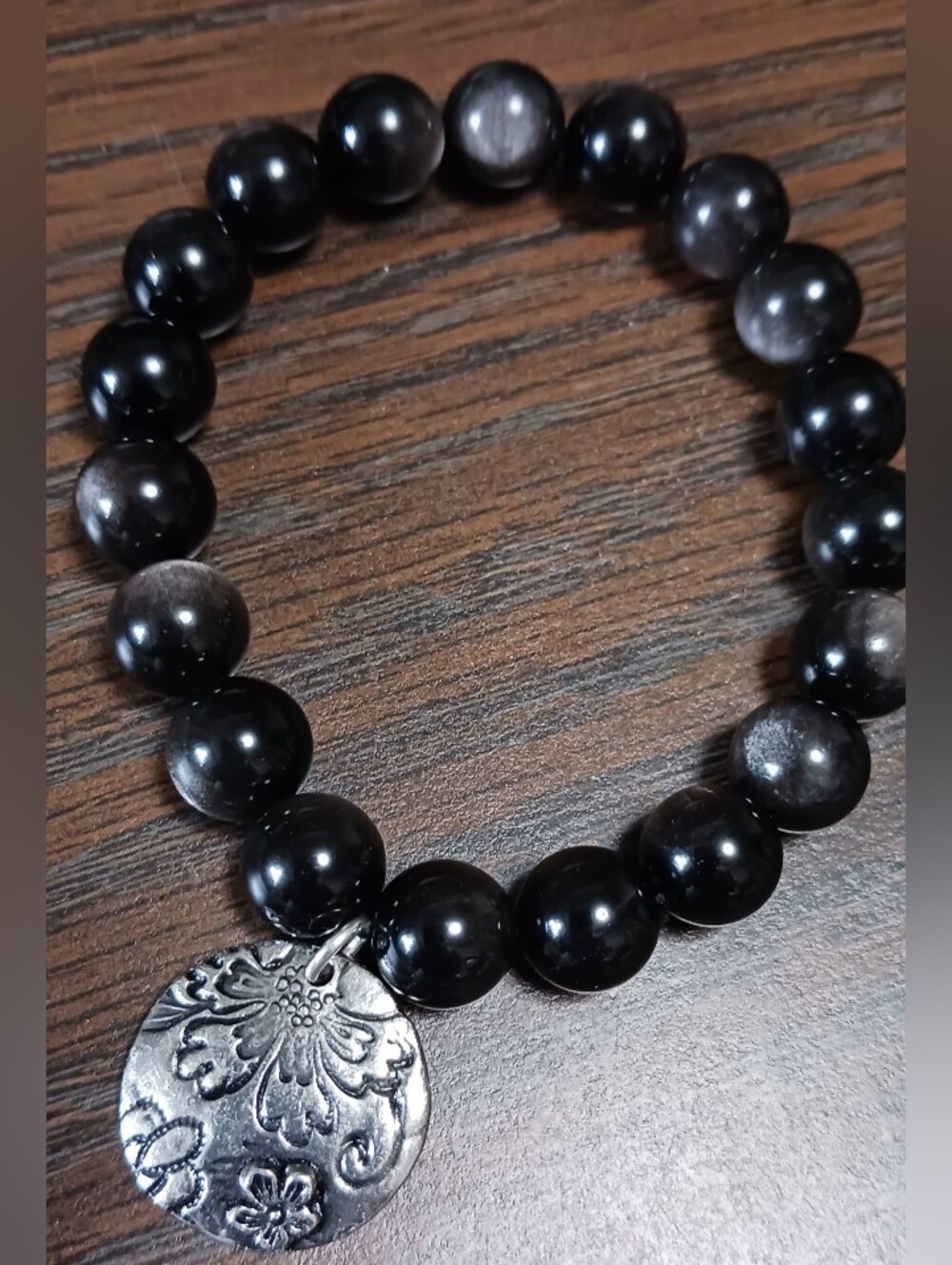 Silver Obsidian Black Beaded Bracelet with Silver Floral Charm, 10mm, 7"